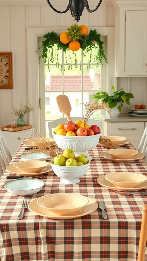 Thanksgiving table set with plaid tablecloth, orange plates, and fruit centerpiece