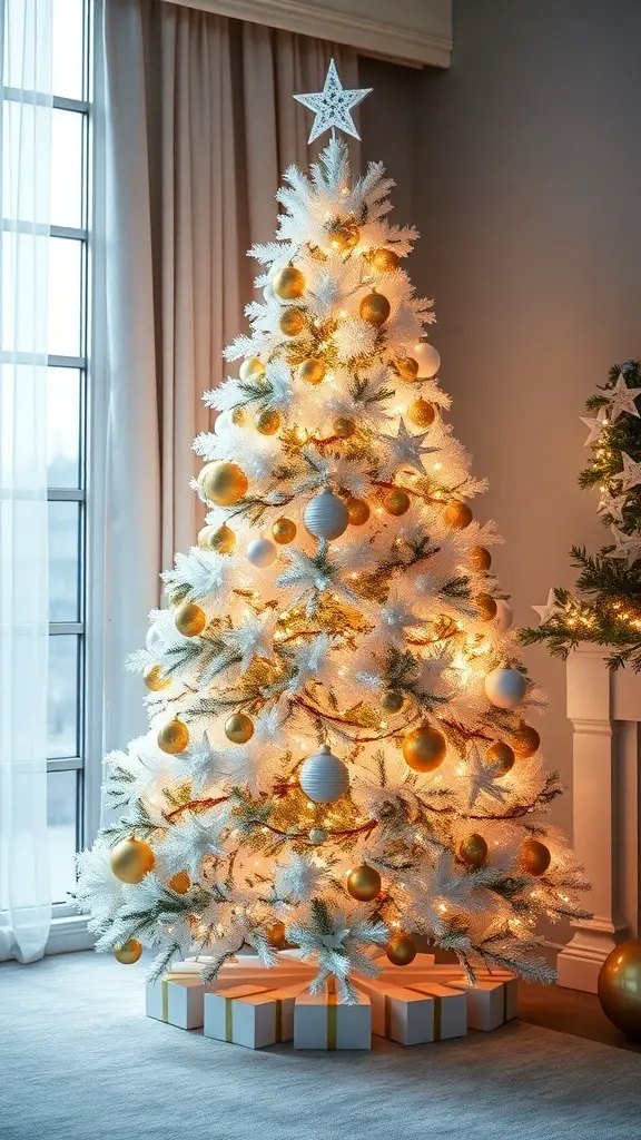 23+ Vintage Christmas Tree Ideas for a Festive Holiday Look 21 A beautifully decorated white Christmas tree with gold ornaments and a star on top, surrounded by wrapped gifts.