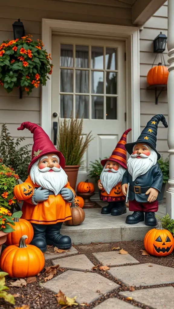 29+ Creative Halloween Porch Ideas to Spookify Your Home 17 Three Halloween-themed garden gnomes with pumpkins on a porch