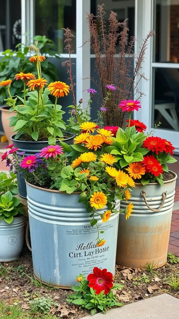 21+ Budget-Friendly Garden Ideas to Transform Your Outdoor Space 7 Colorful flowers planted in old buckets, showcasing a vibrant DIY container garden.
