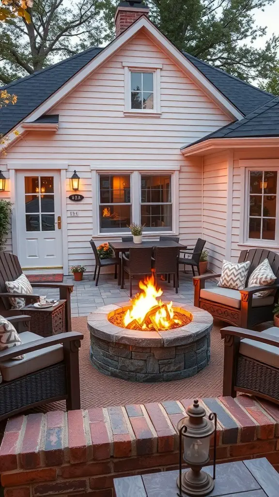 Cozy fire pit area with seating and a warm glow