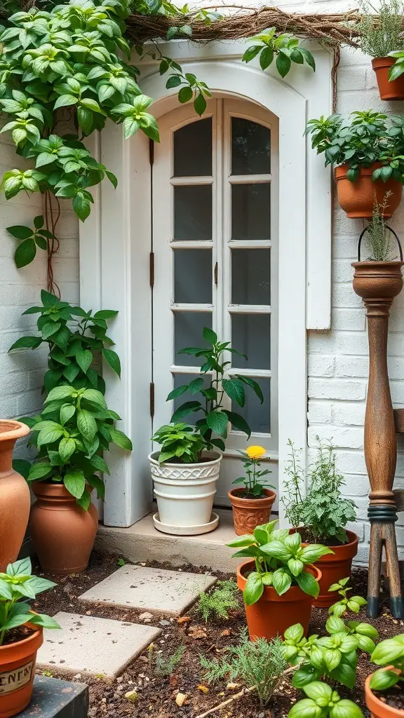 35+ Charming Small English Garden Ideas to Transform Your Outdoor Space 2 A small herb garden nook with various plants and a door in the background.