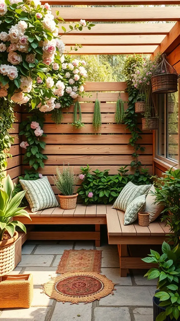 27+ Stunning English Garden Landscaping Ideas You’ll Love 2 Cozy garden seating area with wooden benches, cushions, and vibrant flowers.
