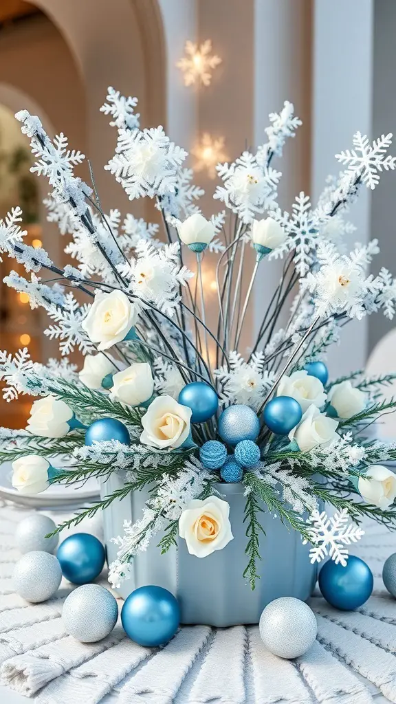 31+ Creative Christmas Centerpieces for Your Holiday Table 11 A winter-themed centerpiece featuring white roses, blue ornaments, and snowflakes.