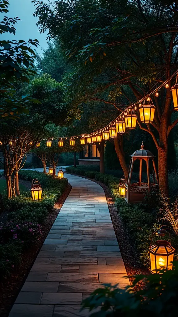 27+ Stunning English Garden Landscaping Ideas You’ll Love 10 A beautifully lit garden path with lanterns and string lights creating a cozy atmosphere.