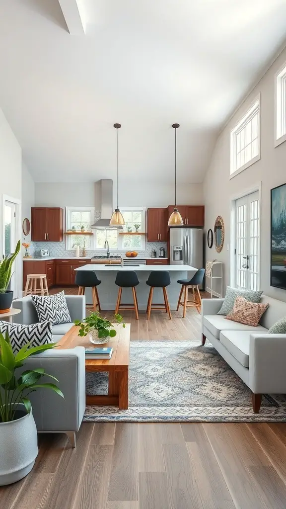 29+ Modern Cottage Living Room Ideas You’ll Love 21 A modern cottage living room with an open-concept layout, featuring a cozy seating area, stylish coffee table, and a kitchen in the background.