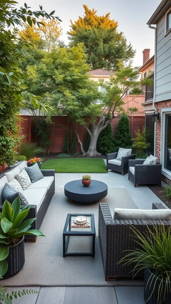 Cozy outdoor living area with sectional sofa, accent chairs, and a circular coffee table surrounded by greenery.