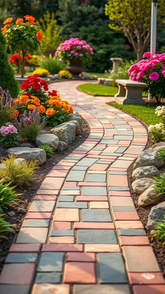 Colorful paver pathway surrounded by flowers and greenery