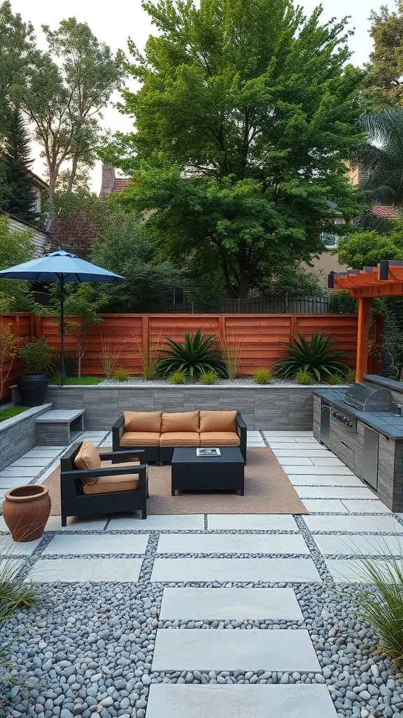A stylish backyard with seating, stone pathways, and greenery.