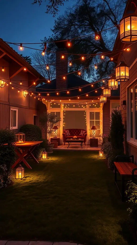23+ Stunning Rectangular Backyard Design Ideas You’ll Love 2 A beautifully lit backyard with string lights and lanterns creating a cozy atmosphere.