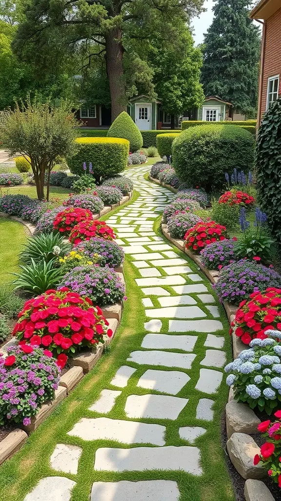 A winding stone pathway surrounded by colorful flowers and greenery in a backyard.