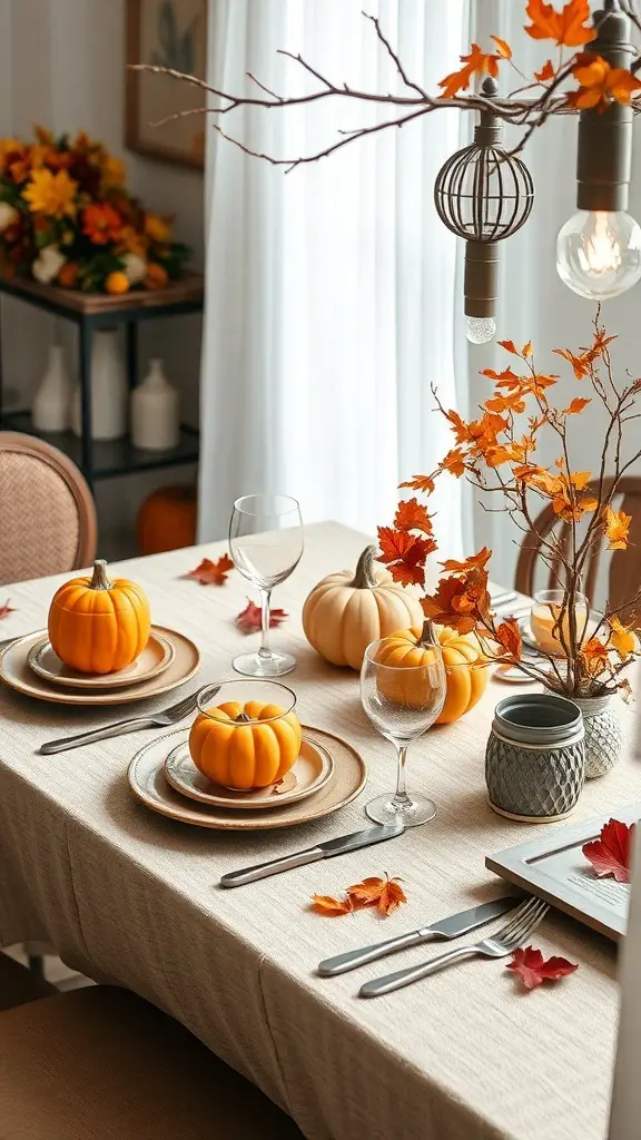 25+ Stunning Fall Dining Table Decor Ideas You Need to Try 8 A fall dining table decorated with pumpkins, autumn leaves, and rustic tableware.