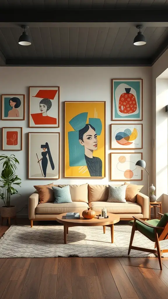 A mid-century modern living room featuring eclectic art displays on the walls, a cozy sofa, and stylish furniture.