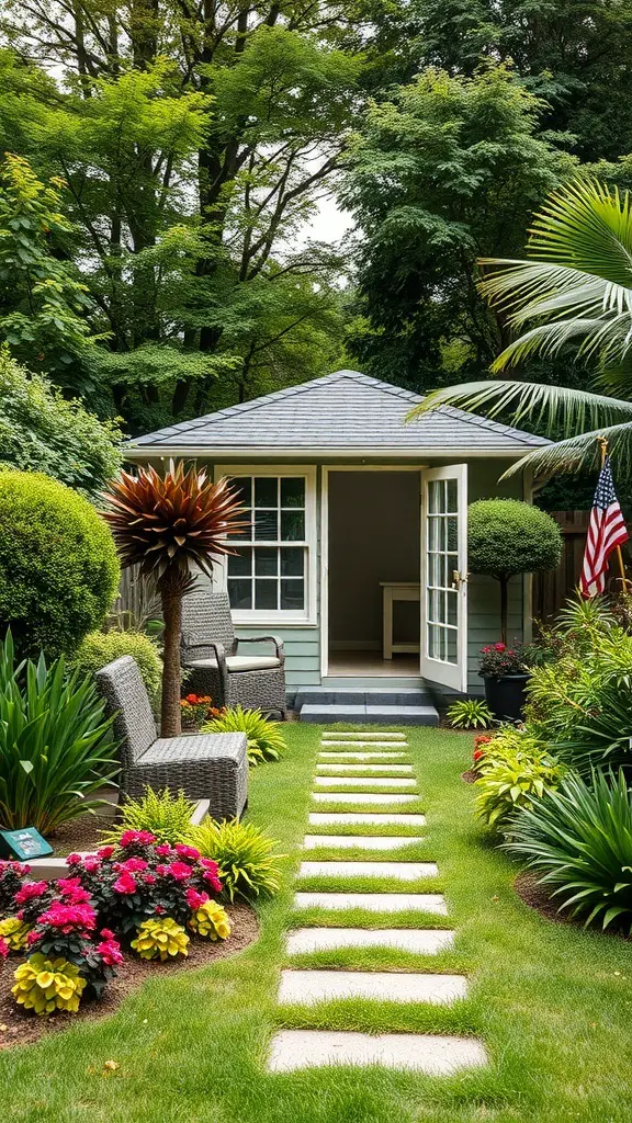 A backyard office with a stone pathway, colorful flowers, and seating areas.