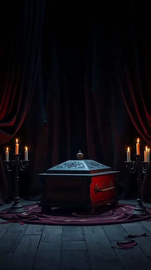 31+ Spooktacular Haunted House Ideas for Your Halloween Festival 19 A dark room with a coffin surrounded by candles and red fabric, creating a spooky atmosphere.