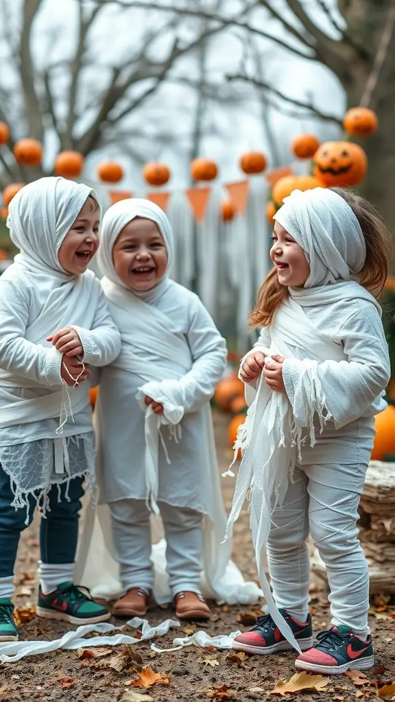 27+ Fun Halloween Crafts for Kids to Spook Up Your Season 8 Three children wrapped in white fabric, smiling and having fun during a mummy wrap challenge.