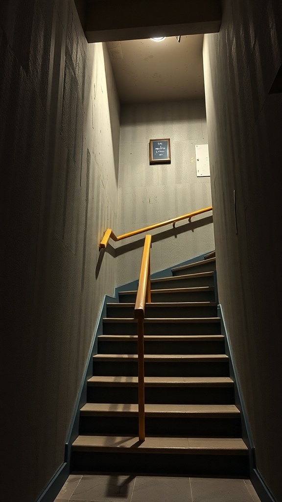 29+ Creative Basement Stairwell Ideas to Transform Your Space 21 A modern basement stairwell with a bright orange handrail and neutral walls.