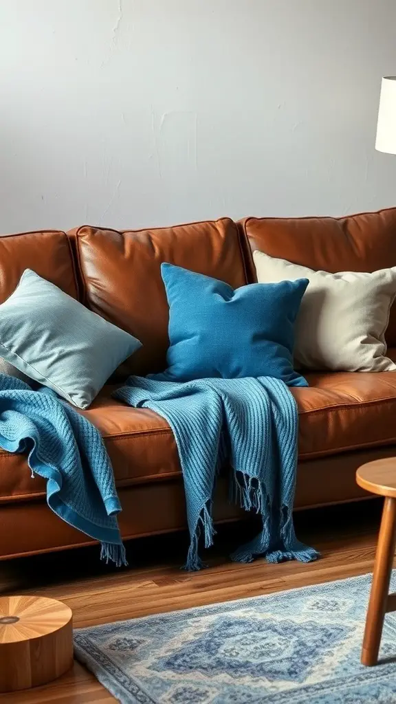 A cozy brown leather sofa adorned with blue pillows and a blue throw blanket, accompanied by a wooden side table and an area rug.