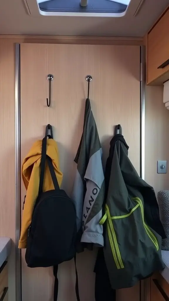 33+ Creative Camper Clothes Storage Ideas for Your Next Adventure 10 Image showing over-the-door hooks with jackets and bags hanging in a camper.