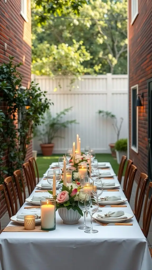 27+ Creative Long Narrow Backyard Ideas for Your Outdoor Space 2 A long dining table set for outdoor meals in a narrow backyard, decorated with flowers and candles.