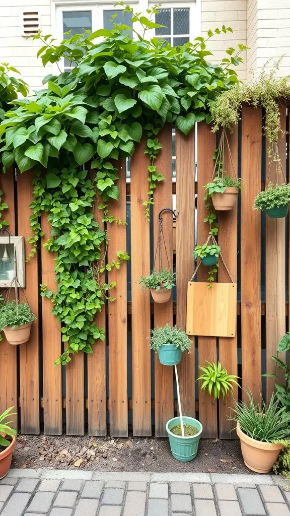 29+ Creative Street Garden Ideas for a Stunning Urban Oasis 16 Decorative wooden fence with hanging plants and greenery