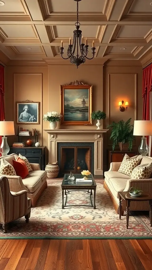 A sophisticated living room featuring plush sofas, elegant decor, and warm lighting.