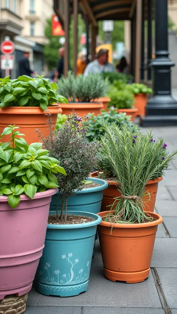 29+ Creative Street Garden Ideas for a Stunning Urban Oasis 7 Colorful pots of herbs arranged on a street, showcasing a variety of plants like basil and rosemary.