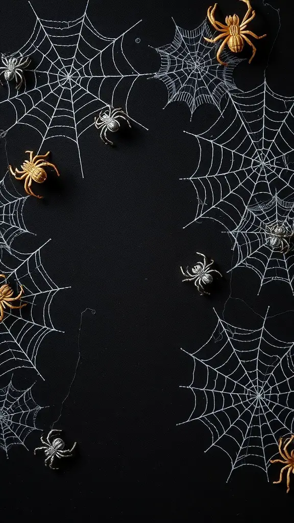 Spider webs with plastic spiders on a dark background