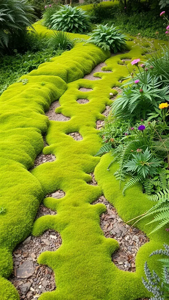 23+ Creative Garden Path Ideas for a Stunning Outdoor Journey 2 A lush moss-covered pathway winding through a garden, surrounded by greenery and flowers.