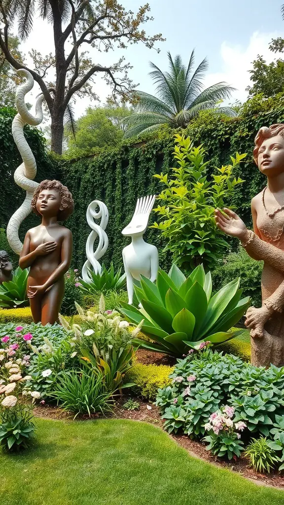 A vibrant garden featuring various sculptures among lush greenery.