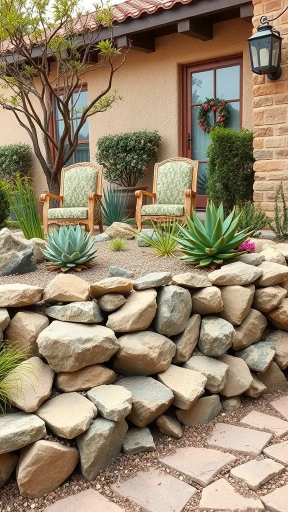 A rustic gabion wall filled with stones, adorned with succulents, and featuring two chairs in a front garden.