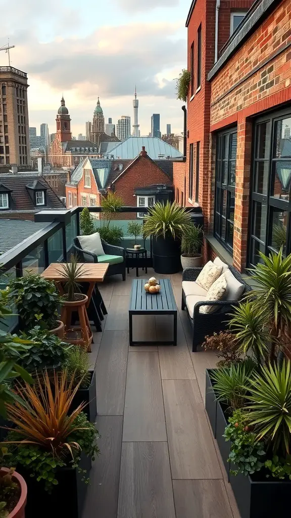 29+ Inspiring London Garden Ideas for Your Urban Oasis 7 A cozy rooftop garden with plants, seating, and a city skyline view.