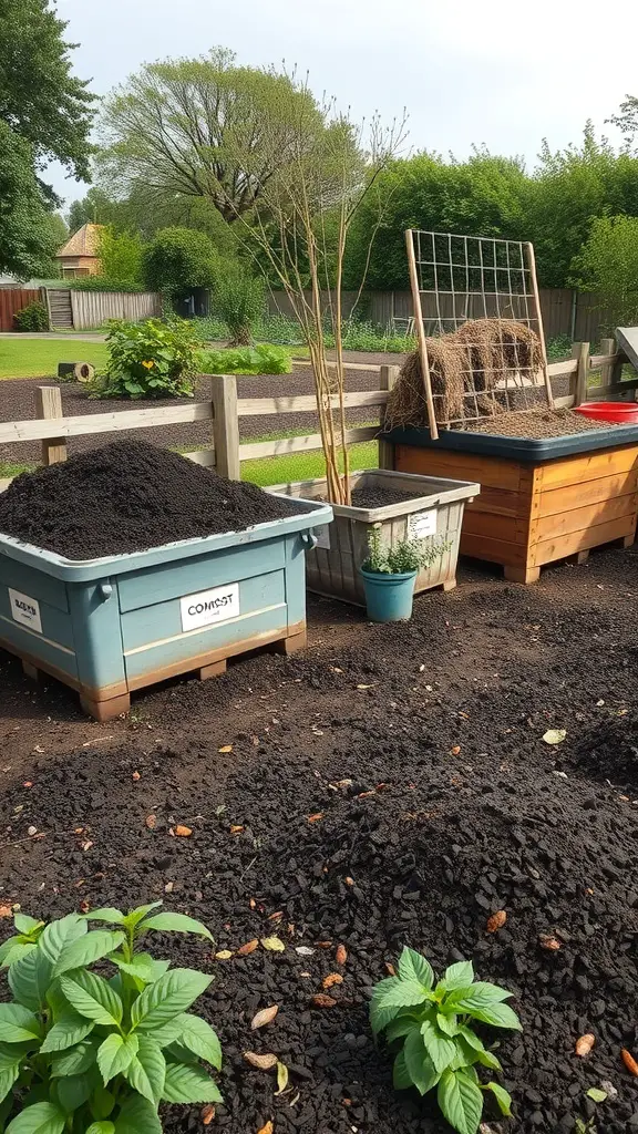 A compost area with bins for organic waste and plants growing nearby.