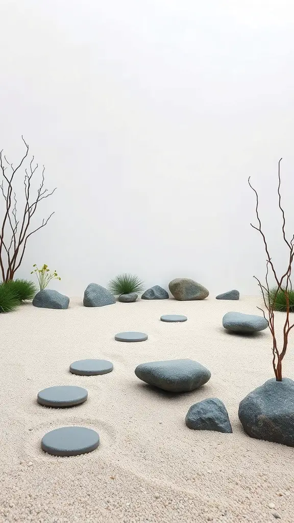 A minimalist Zen meditation garden with stepping stones, rocks, and sand.