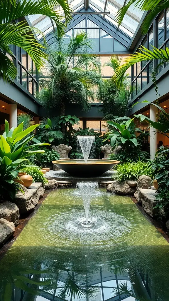27+ Inspiring Atrium Garden Ideas to Transform Your Space 7 Indoor atrium garden featuring a water fountain surrounded by lush plants