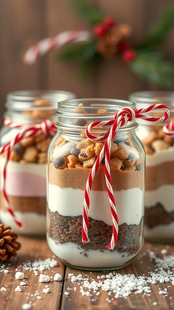 Decorative mason jars filled with layered ingredients, tied with red and white twine, set against a rustic wooden background.