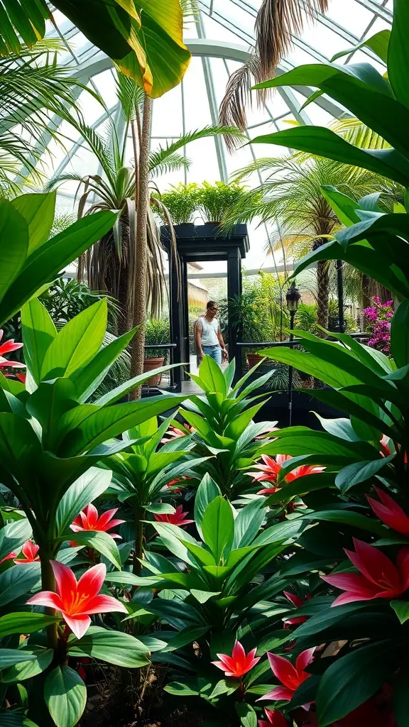 27+ Inspiring Atrium Garden Ideas to Transform Your Space 11 A vibrant atrium garden filled with tropical plants and colorful flowers, featuring a glass roof.