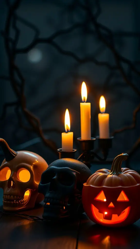 29+ Creative Halloween Craft Ideas to Spookify Your Home 9 Creepy candle holders featuring skulls and a pumpkin with candles