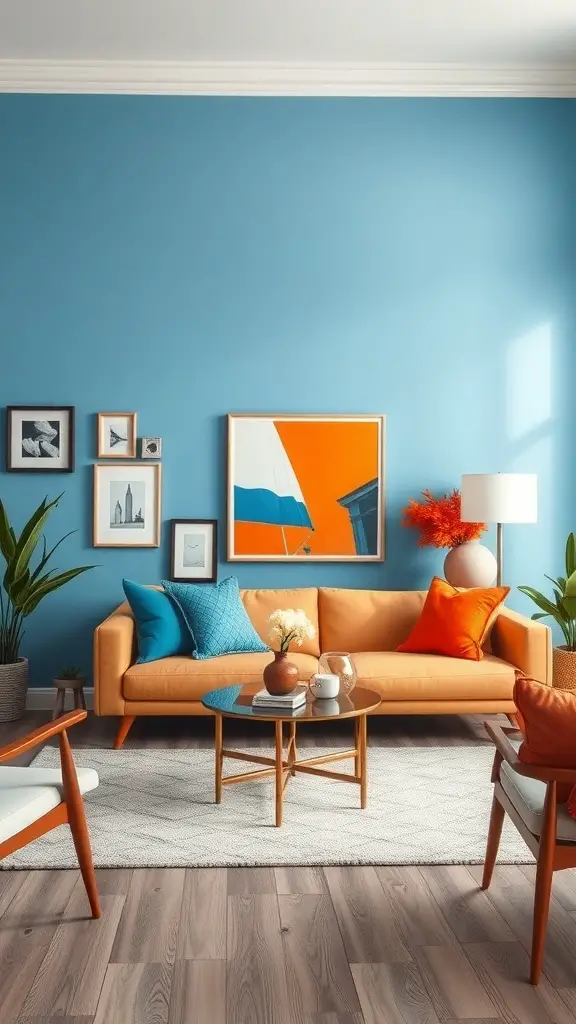 A blue and orange living room with artistic wall decor.