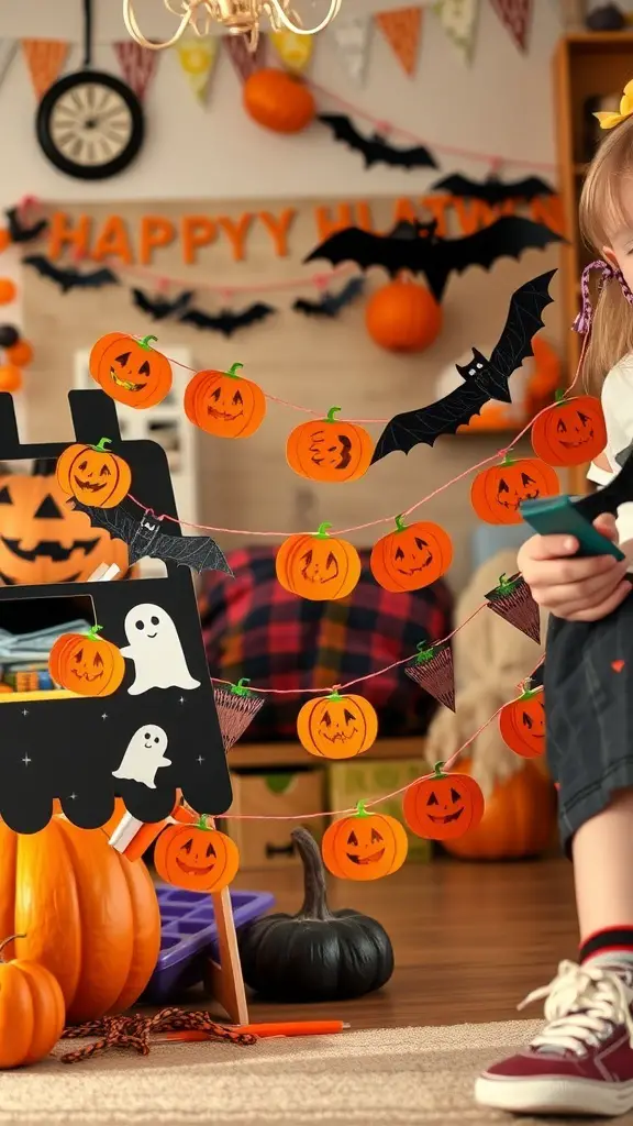 27+ Fun Halloween Crafts for Kids to Spook Up Your Season 15 A colorful Halloween garland made of pumpkins and ghosts, hanging in a festive room.