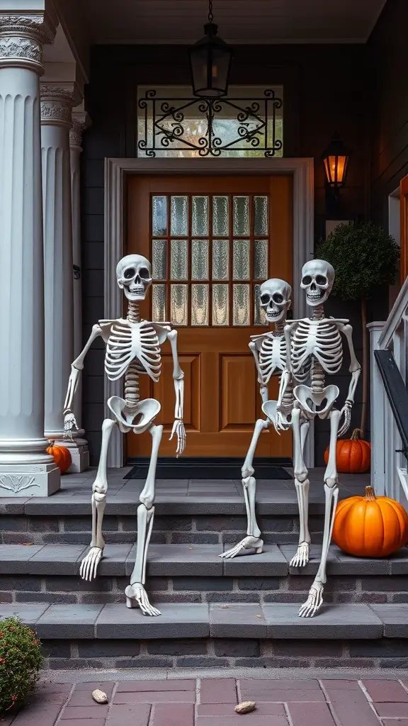 29+ Creative Halloween Porch Ideas to Spookify Your Home 16 Three skeletons on porch steps with pumpkins