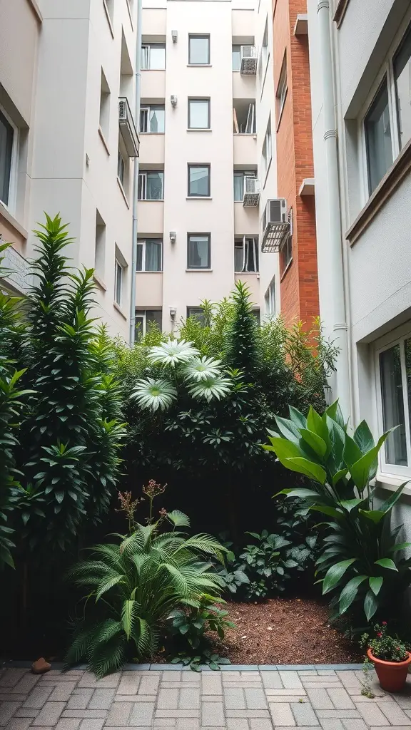 29+ Inspiring Small Urban Garden Design Ideas You’ll Love 14 A small urban garden with lush greenery creating privacy between buildings.