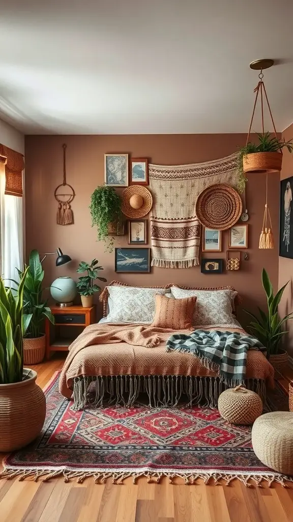 A cozy bohemian bedroom with brown walls, a textured blanket on the bed, plants, and woven wall decor.