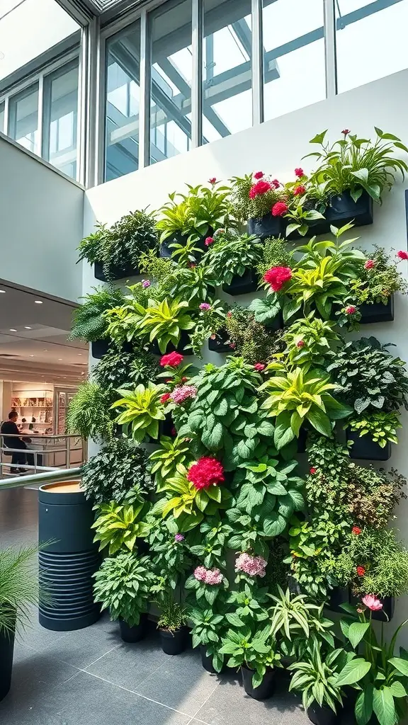 27+ Inspiring Atrium Garden Ideas to Transform Your Space 10 A vibrant vertical garden wall filled with various plants and flowers.