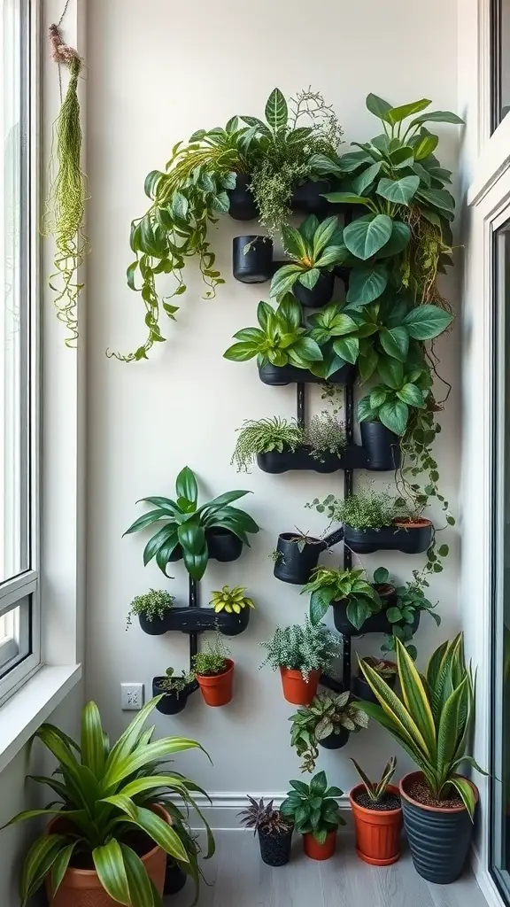 A vertical garden featuring various indoor plants arranged on a wall, showcasing a mix of pots and greenery.