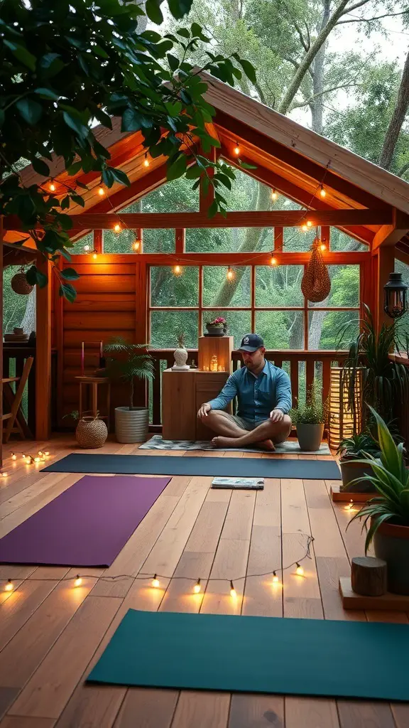 A cozy outdoor yoga studio with wooden floors, yoga mats, and plants, illuminated by string lights.