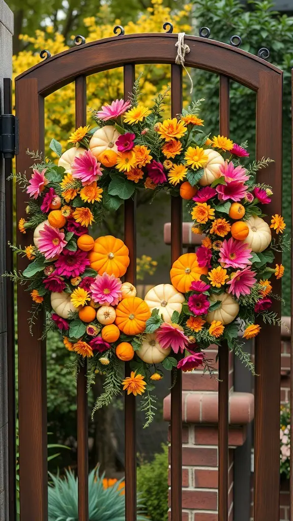 A colorful seasonal floral pumpkin wreath with orange, yellow, and pink flowers and small pumpkins, hanging on a wooden gate.