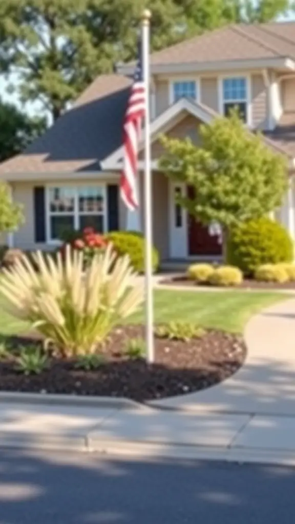 A house with a flag pole displaying the American flag, surrounded by landscaping.