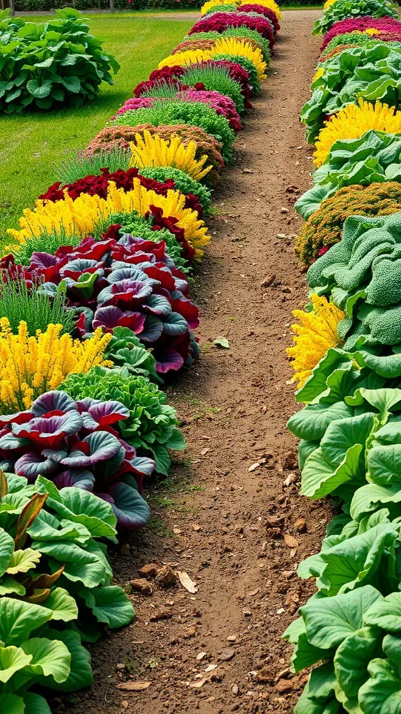 Colorful vegetable borders with a variety of plants along a pathway.