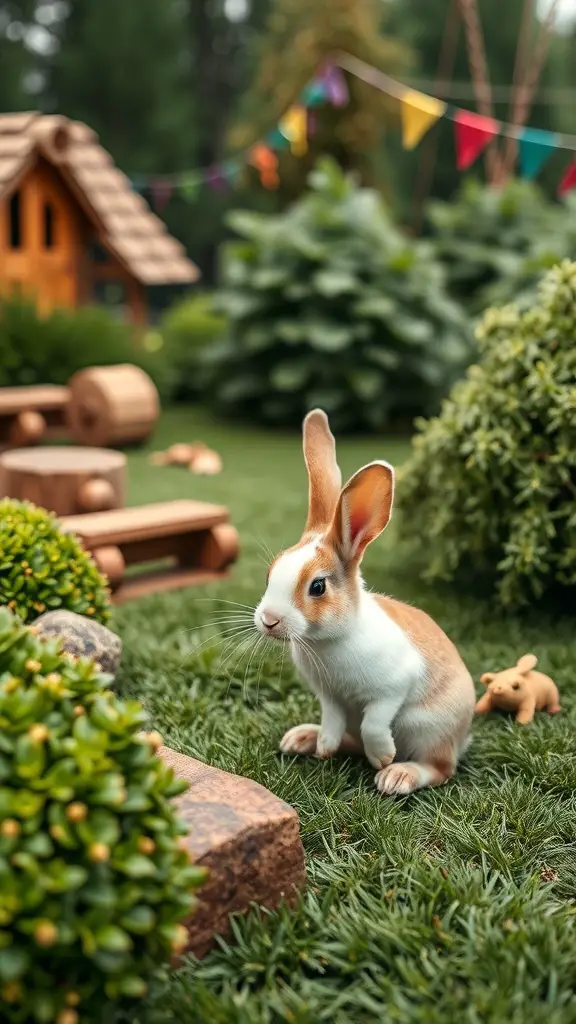 27+ Must-Have Features for the Ultimate Rabbit Playground 6 A playful rabbit in a vibrant playground with greenery and a wooden house.
